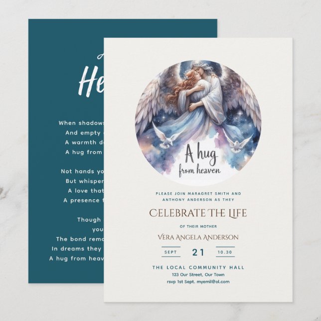 Invitation Hug from Heaven Poem Celebration of Life Memorial (Devant / Derrière)