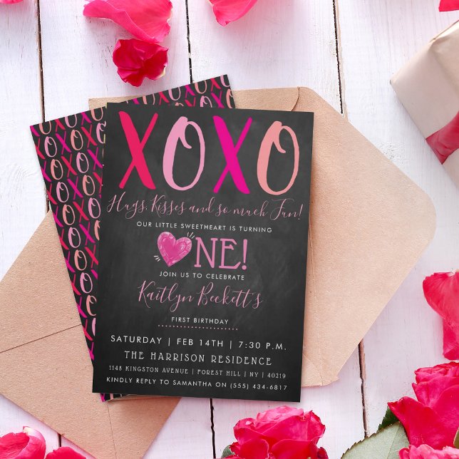 Invitation Hugs & Kisses (XOXO) Valentine's Day 1st Birthday (Créateur téléchargé)