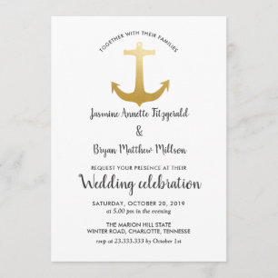 Invitation Huile d'or Faux Nautical Ancre  Mariage océanique