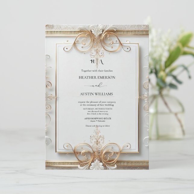 Invitation Huile d'or Rose romantique | Mariage de monogramme (Debout devant)