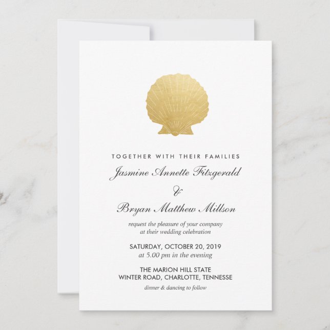 Invitation Huile d'or Seashell Faux | Mariage Océan (Devant)