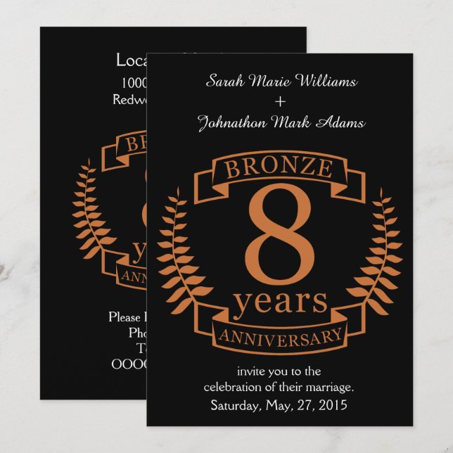 Invitation Huit ans de mariage anniversaire de bronze (Devant / Derrière)