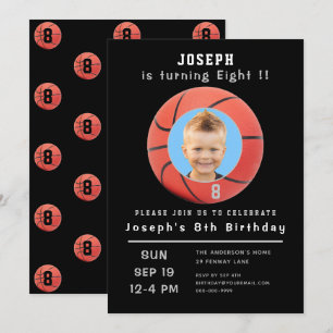 Invitation Huitième anniversaire Black Custom Photo Basketbal