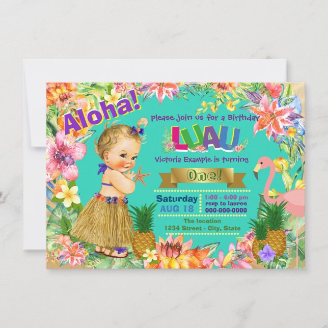 Invitation Hula Girl Flamant rose Hawaiian Luau fête d'annive (Devant)