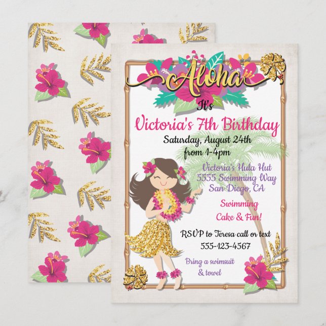 Invitation Hula Girl Piscine tropicale fête Anniversaire Invi (Devant / Derrière)