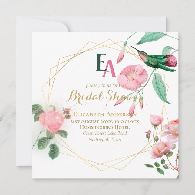 Invitation Hummingbird Mint Green Pink Gold Fête des mariées (Devant)