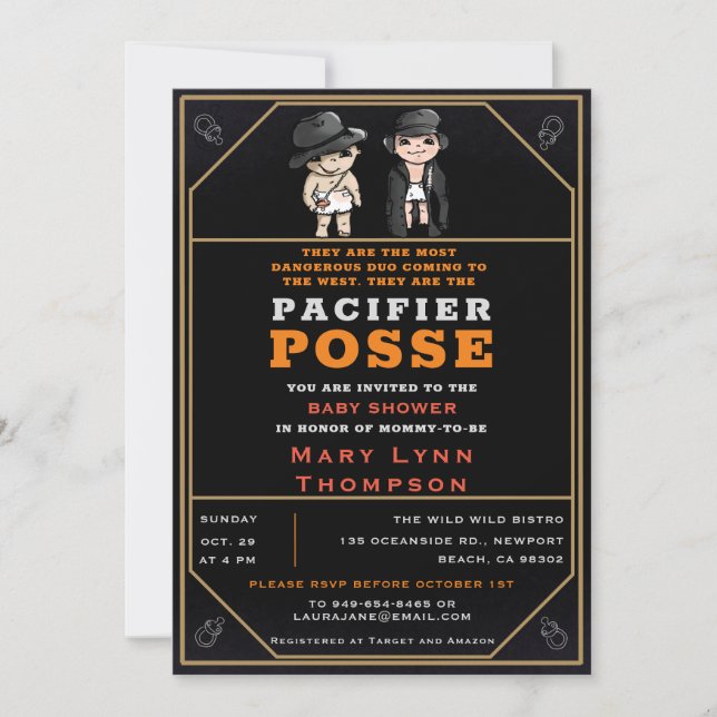 Invitation Humour Twins Pacifier Posse Wild West Baby shower (Devant)