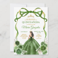 Hunter Green Bow Princess Gold Crown Quinceañera