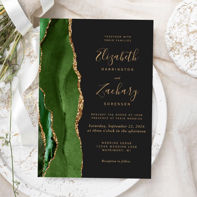 Invitation Hunter Green Gold Agate Dark Mariage (Créateur téléchargé)