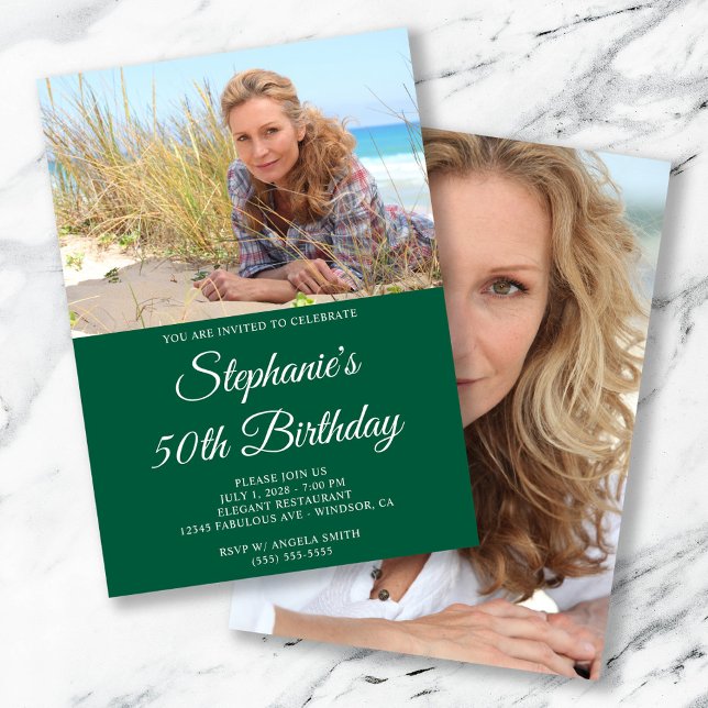 Invitation Hunter Green White Élégant Script 50e anniversaire (Hunter Green and White Elegant Script 50th Birthday Invitation)