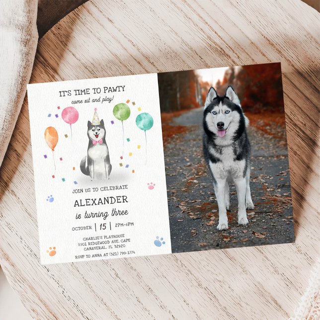 Invitation Husky Sibir Chien Pawty Chiot Anniversaire rose Ph (Créateur téléchargé)