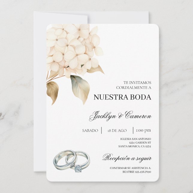 Invitation Hydrangea blanche avec anneau Mariage espagnol (Devant)