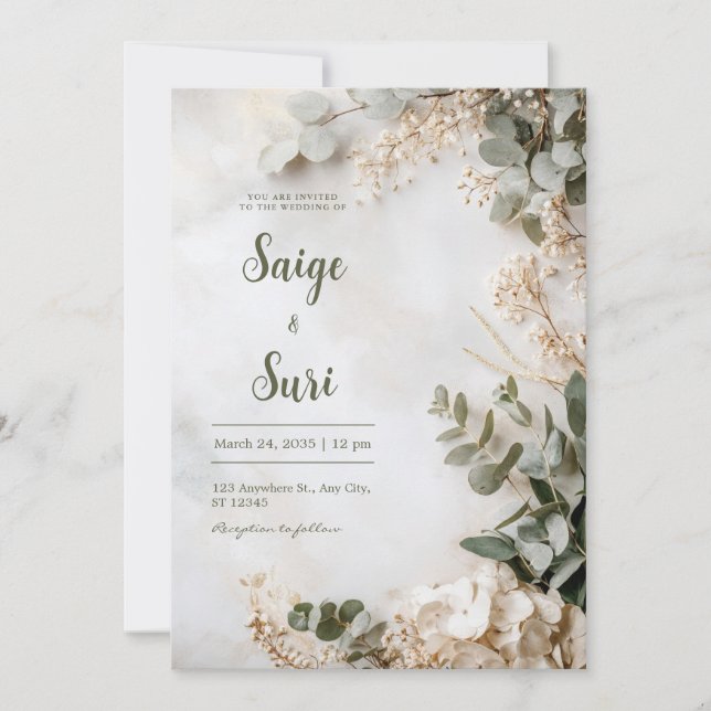 Invitation Hydrangea Blanche Vert Sauge Mariage Minimaliste (Devant)