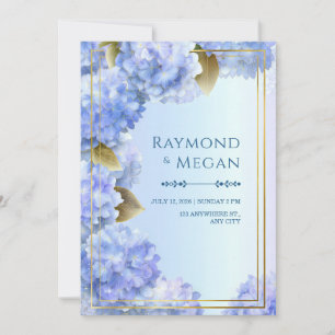 Invitation Hydrangea Bleu aux Bordures Dorées Cadre à Feuille