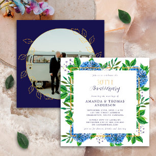 Invitation Hydrangea Bleu Doré 30e Anniversaire de Mariage Ph