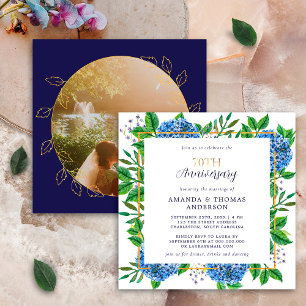 Invitation Hydrangea Bleu Doré Photo Anniversaire de Mariage 