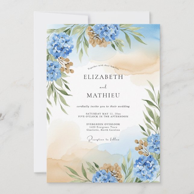 Invitation Hydrangea Bleu Mariage Éthéré (Devant)