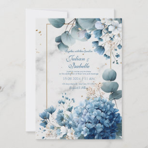 Invitation Hydrangea Bleu Poussiéreux Eucalyptus Marbre Doré