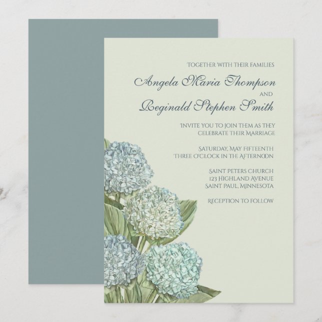 Invitation Hydrangea Bleu/Vert Sage (Devant / Derrière)