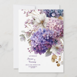 Invitation Hydrangea Bleu Violet Fleur Or Aquarelle