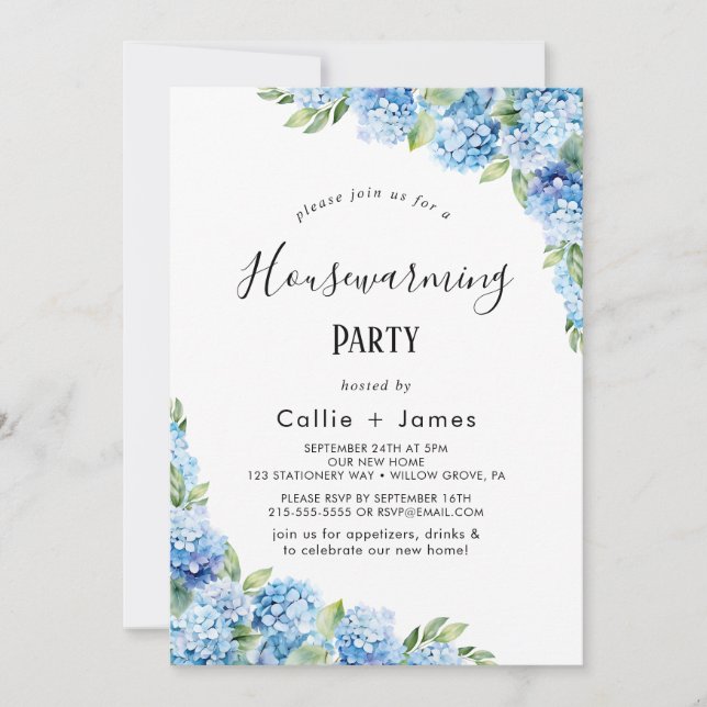 Invitation Hydrangea Bleue Élégante | Pendaison de Crème de M (Devant)