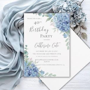 Invitation Hydrangea Bleue Florale Élégante 40e Anniversaire