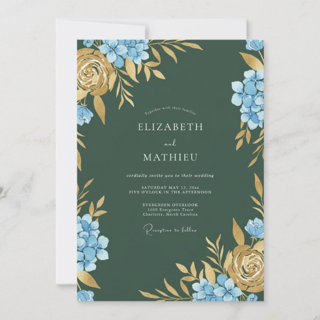 Invitation Hydrangea Bleuet Ocre Eucalyptus Mariage (Devant)
