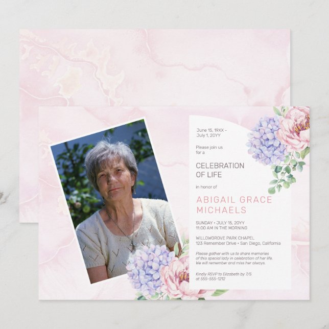 Invitation Hydrangea Blooms Femme Rose Célébration de la vie (Devant / Derrière)
