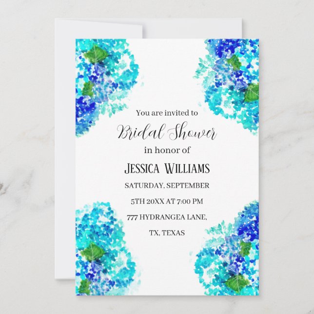 Invitation Hydrangea Blue Floral Fête des mariées d'aquarelle (Devant)