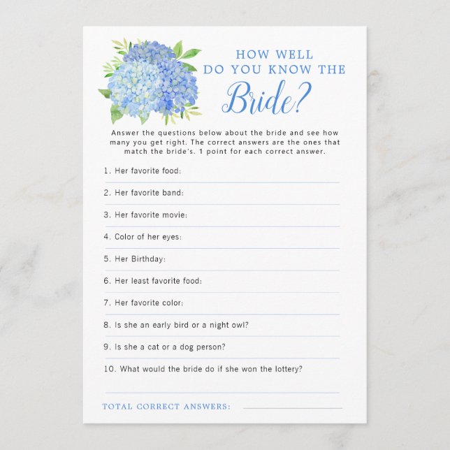 Invitation Hydrangea Blue Floral Fête des mariées Jeu (Devant)