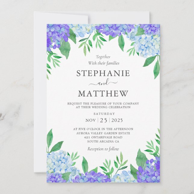 Invitation Hydrangea Blue Purple Aquarelle Mariage botanique (Devant)