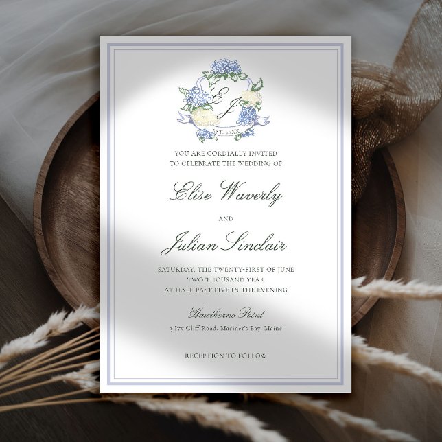Invitation Hydrangea Crest Formal Blue Frame Coastal Wedding (hydrangea wedding invitation coastal cottagecore romantic garden formal elegant crest)