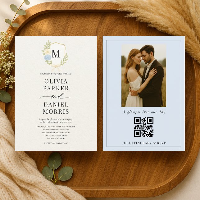 Invitation Hydrangea Crest Monogram Photo QR Code Wedding (Créateur téléchargé)