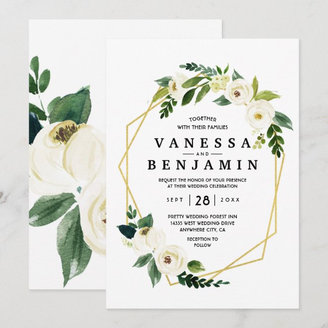 Invitation Hydrangea Elegant Blanc Rose or Floral Mariage I (Devant / Derrière)
