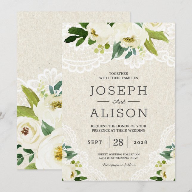 Invitation Hydrangea Élégant Classé Floral Lace Burlap (Devant / Derrière)