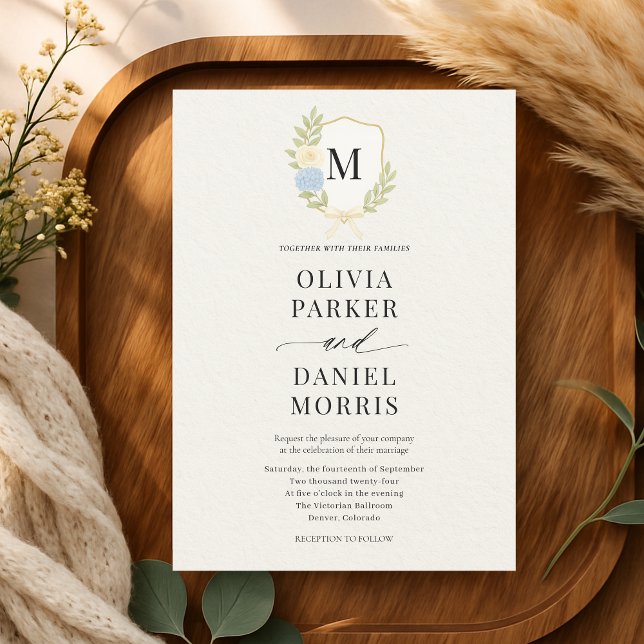 Invitation Hydrangea Floral Crest Monogram Wedding (Créateur téléchargé)