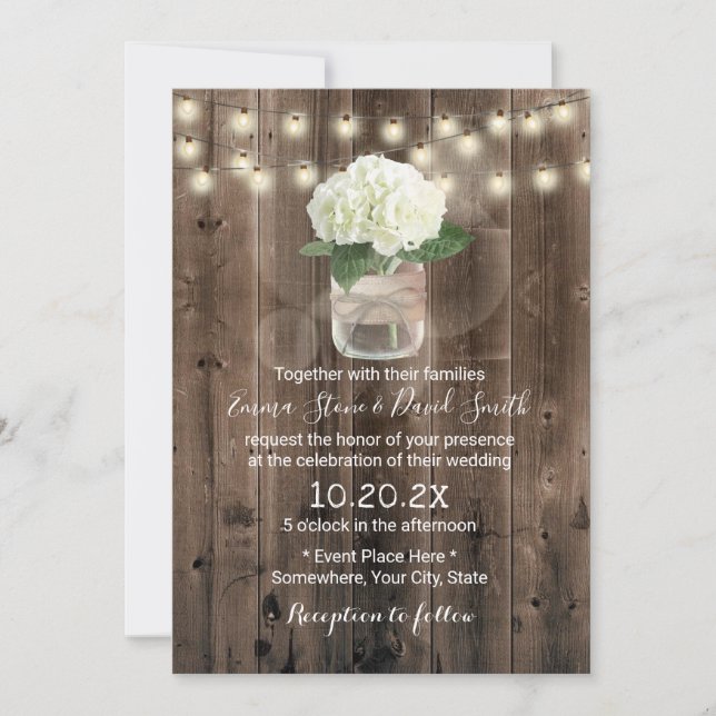 Invitation Hydrangea Flower Mason Jar Rustic Barne Mariage (Devant)