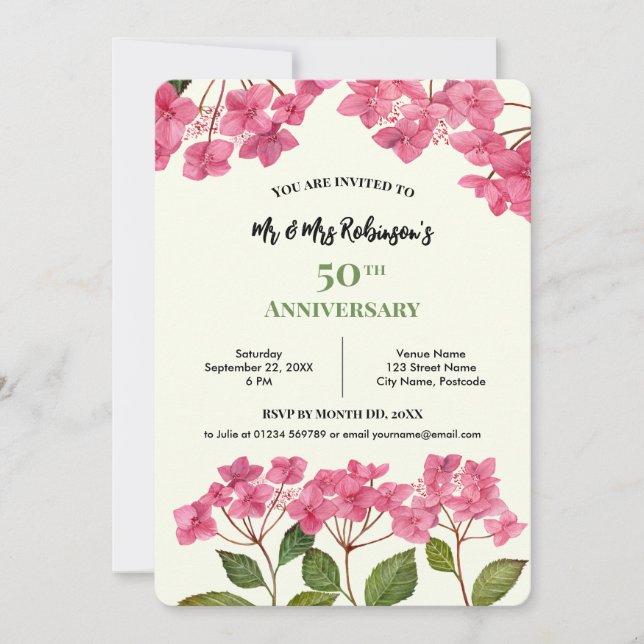 Invitation Hydrangea Lacecap Aquarelle Rose pour le 50e Anniv (Devant)