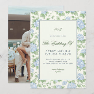 Invitation Hydrangea Monogramme Bleu Vert Sauge Mariage Jardi