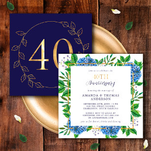 Invitation Hydrangea Or et Bleu 40e Anniversaire de Mariage