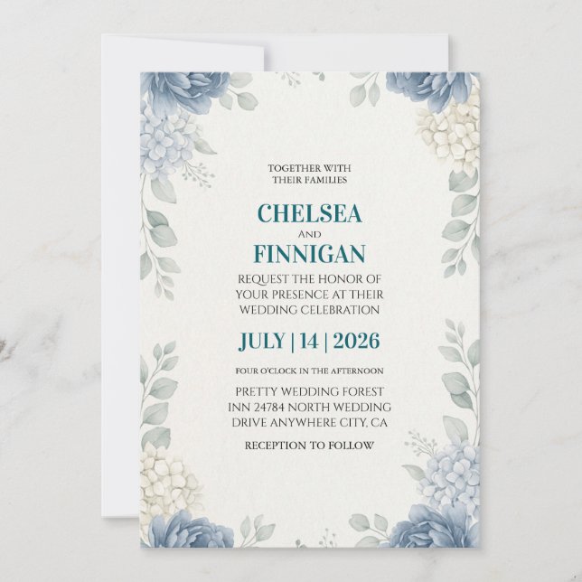 Invitation hydrangea panachée bleu poussiéreux élégant (Devant)