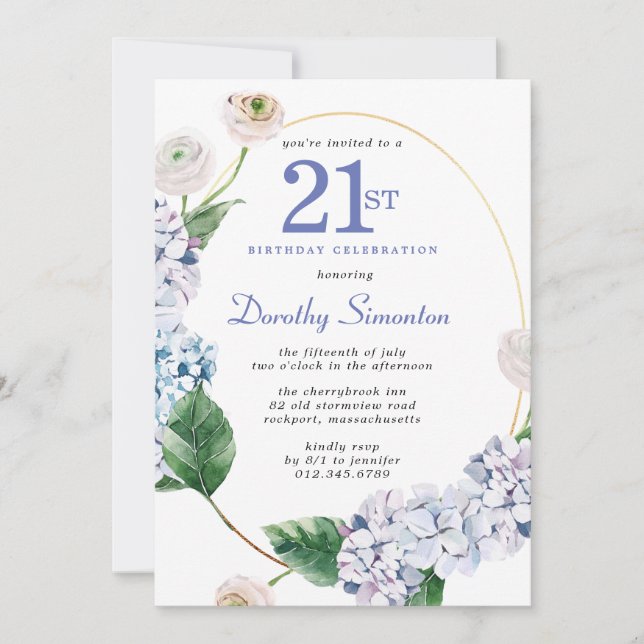 Invitation Hydrangea Rose fête du 21ème anniversaire (Devant)