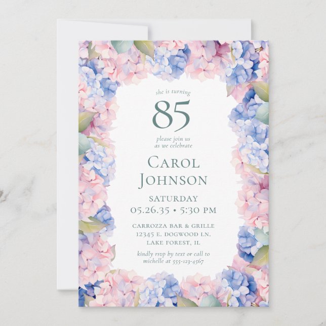 Invitation Hydrangeas 85e fête d'anniversaire (Devant)