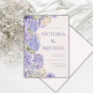 Invitation Hydrangeas Blancs Violets Mariage Élégant Moderne