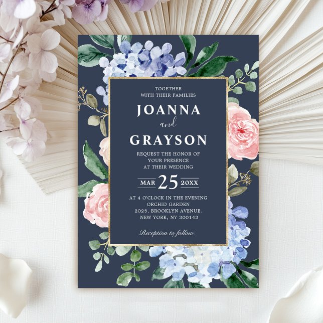 Invitation Hydrangeas bleu poussiéreux roses roses pastel mar (Dusty blue hydrangeas pastel pink roses wedding in invitation)