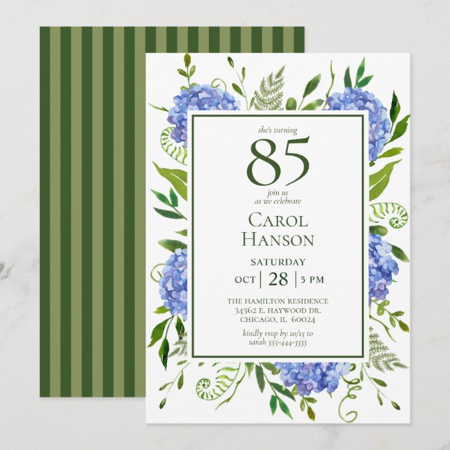 Invitation Hydrangeas bleues pour 85e anniversaire (Devant / Derrière)