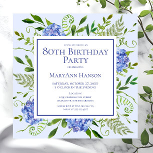 Invitation Hydrangeas Bleues pour les 80 ans - Aquarelle Flor