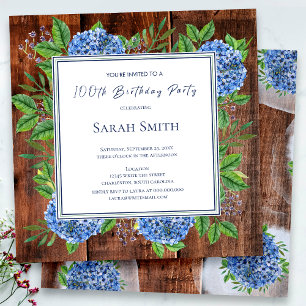 Invitation Hydrangeas Bleus Bois Rustique Fête des 100 ans