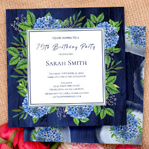 Invitation Hydrangeas Bleus Bois Rustique Fête des 75 Ans