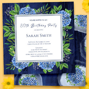 Invitation Hydrangeas Bleus Bois Rustique Fête des 80 Ans